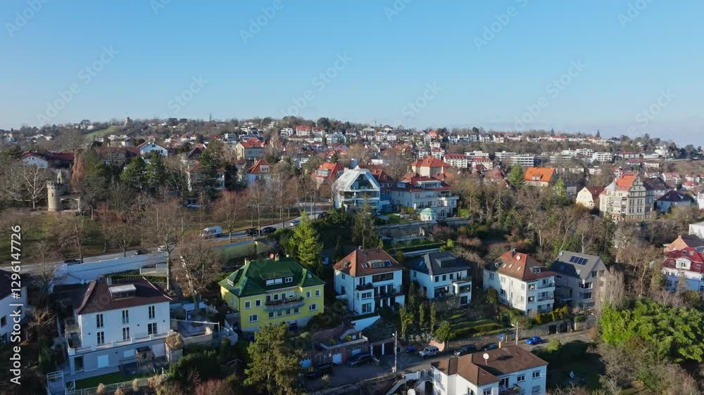Aerial view of mansions in a residential district on Kriegsberg hill in Stuttgart, Germany, revealing winter cityscape Aerial view of mansions in a residential district on Kriegsberg hill in Stuttgart, Germany, revealing winter cityscape