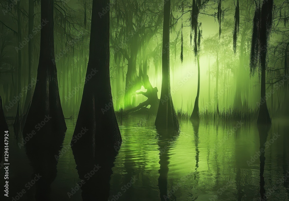 Obraz premium Mysterious Swamp with Lush Green Reflection and Foggy Atmosphere Amid Tall Cypress Trees in Enigmatic Wilderness Landscape