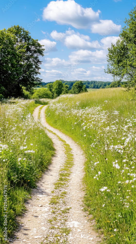 Serene countryside pathway with wildflowers and lush greenery under blue sky Serene countryside pathway with wildflowers and lush greenery under blue sky