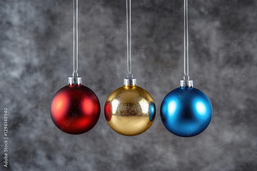 Obraz premium Three Christmas ornaments hanging in front of a grey background.