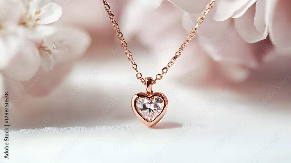 Fototapeta premium A delicate rose gold necklace with a heart-shaped diamond, placed on a white backdrop