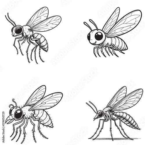 "High-Quality Cute Cartoonic Gnat Flying Pose Outline Vector Illustrations"