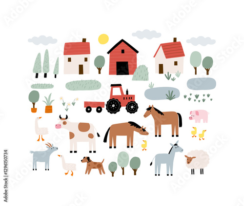 Cute farm animals in flat style. Hand-drawn country animals on farm. Childish character. Cartoon flat graphic vector poster or card