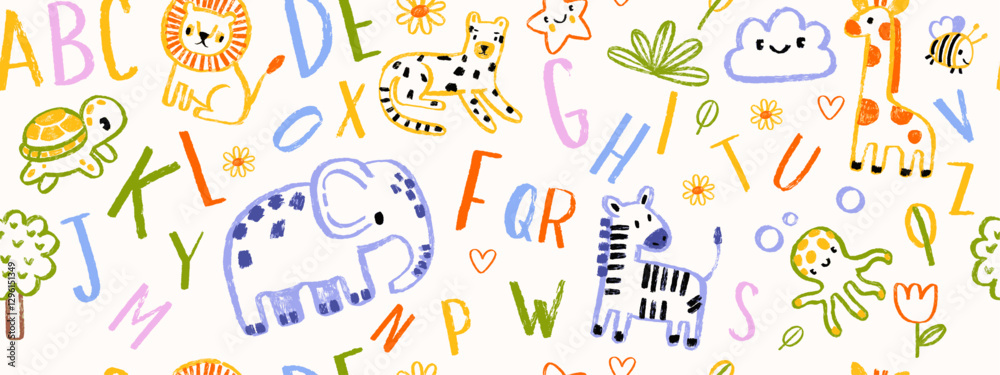 Fototapeta premium Kids animal seamless pattern, hand drawn childish texture African vector print cute cartoon linen. Naive baby nature background, colorful pencil letters fabric design, elephant. Kids seamless pattern