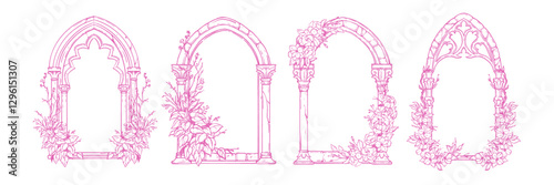 Gothic window frame set, vector hand drawn cloister arch border, wedding invitation floral design. Fantasy vintage medieval portal, celebration romantic flower branch print. Castle pillar gothic frame