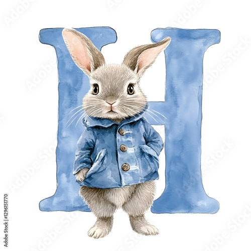 Adorable Watercolor Bunny in Pink Dress Leaning on Letter P, Easter Delight!