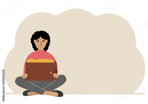 Wallpaper Mural A woman sits cross-legged and holds a large purse of coins. The concept of a savings wallet, a successful loan, golden earnings with metal money in the currency. Vector flat illustration Torontodigital.ca