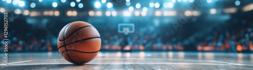 Basketball resting on the court during an intense game, illuminated by bright arena lights