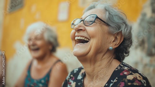 A senior woman laughing while telling a funny story to her friends