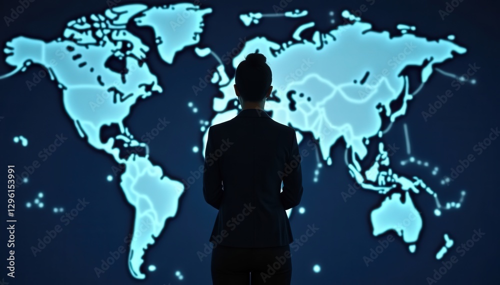 Professional woman analyzing global data trends against a glowing world map in a modern office environment Professional woman analyzing global data trends against a glowing world map in a modern office environment