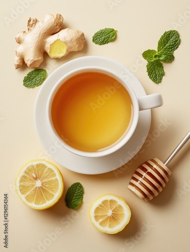 A refreshing hot beverage made with fresh lemon, ginger and mint. Served in a white teacup with a spoon for stirring.