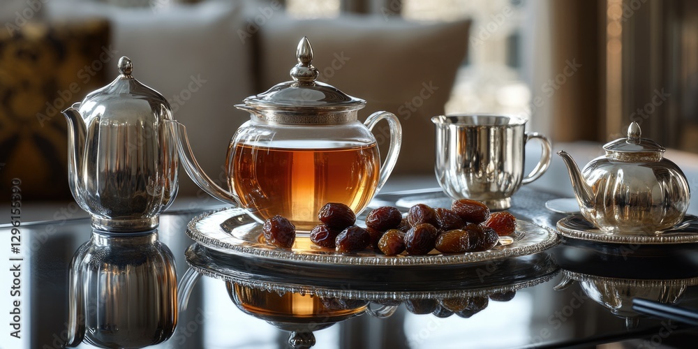 Fototapeta premium Luxury tea set on a table, including teapot, sugar bowl, cups and saucers.