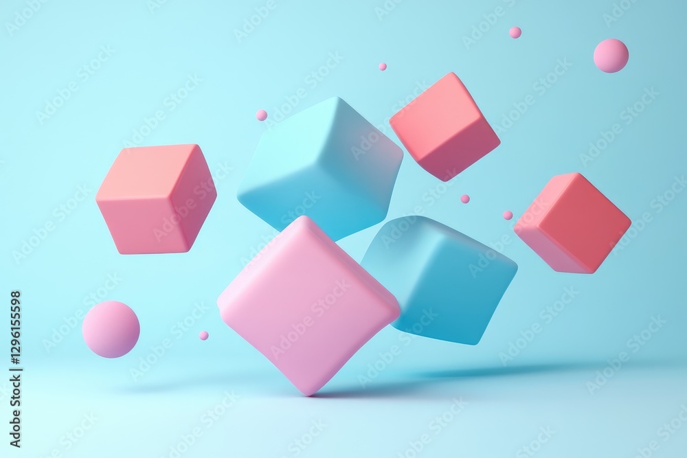 Pastel Colored Cubes And Spheres Floating On Blue Background Pastel Colored Cubes And Spheres Floating On Blue Background