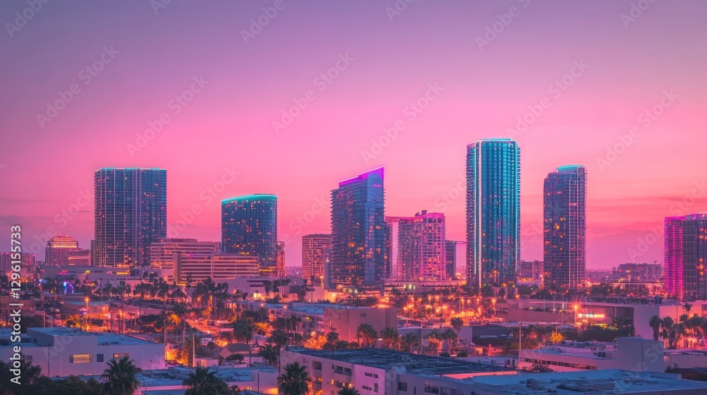Obraz premium Sunset Cityscape: Vibrant Pink Hues Over Illuminated Skyline