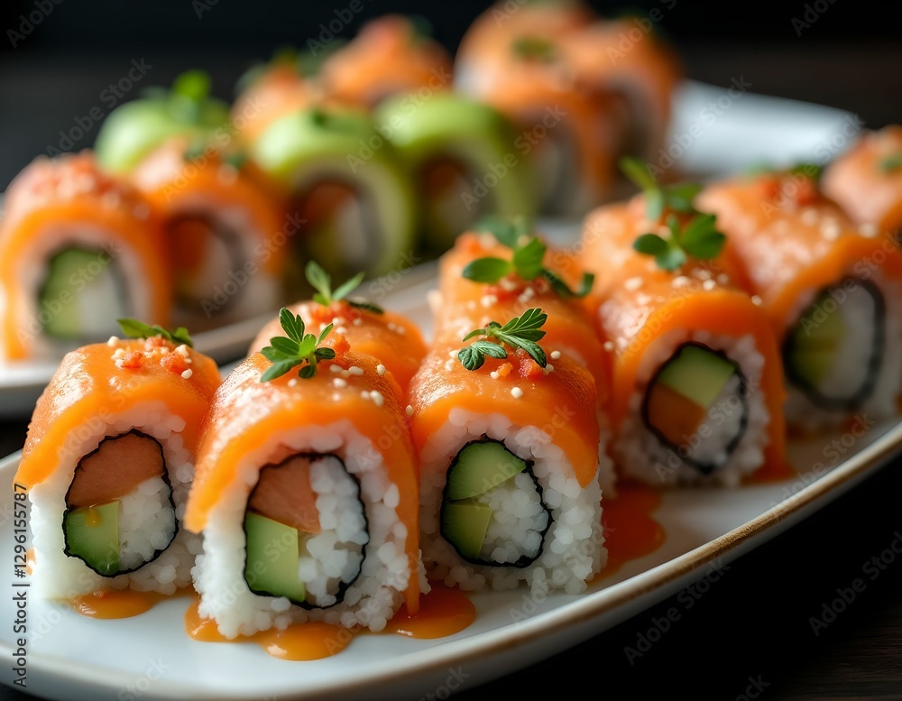 Colorful sushi rolls with fresh ingredients served on a wooden platter in an elegant dining setting Colorful sushi rolls with fresh ingredients served on a wooden platter in an elegant dining setting