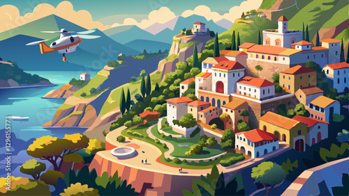 Aerial drone flight in ravello village on top of hill in the positano region of Italy showing a small hilltop village and mountains 4k