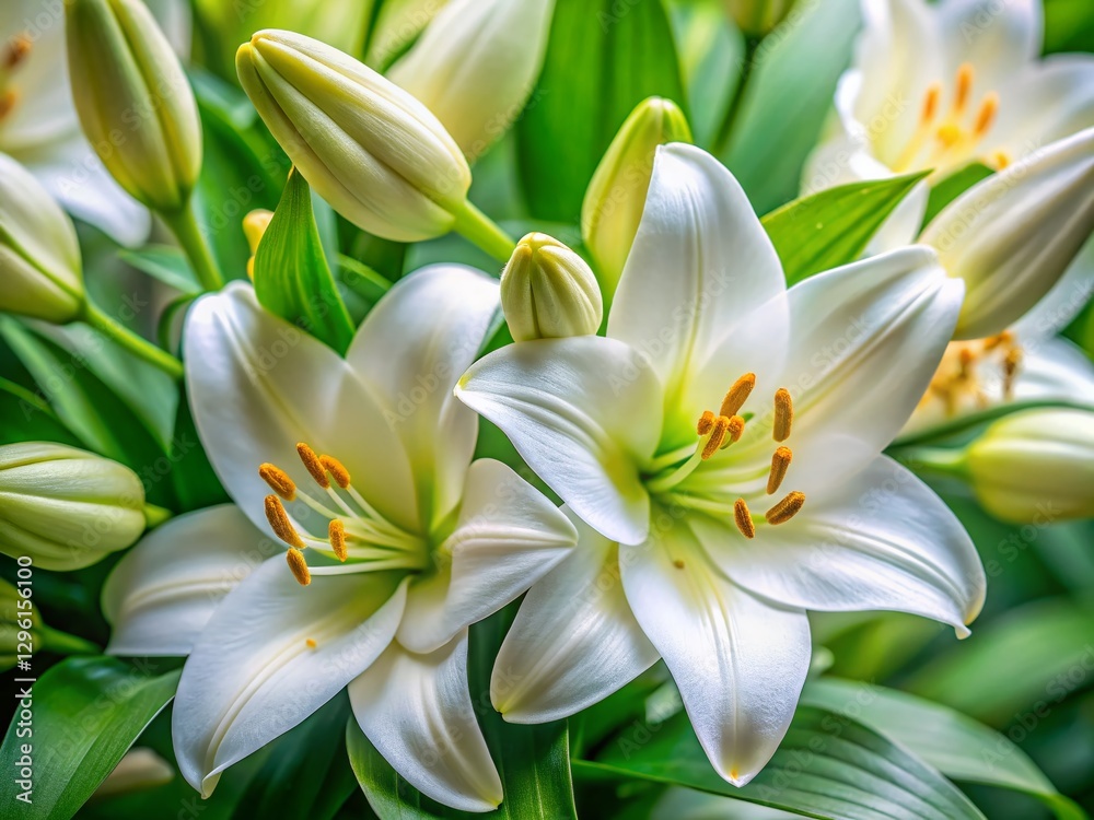 Naklejka premium Blooming White Lily Buds on Decorative Perennial Bush - Spring Flowers