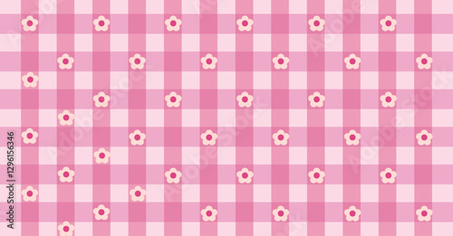Pink gingham background pattern design with flower