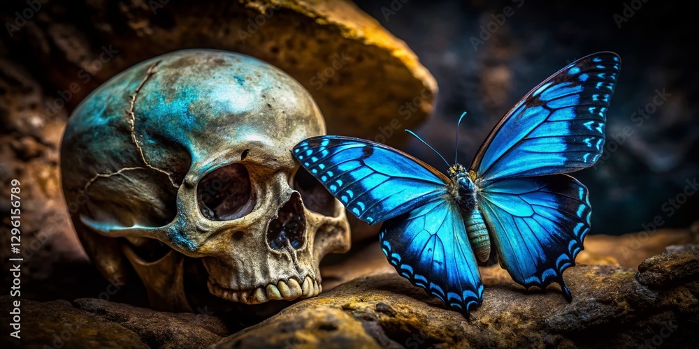 Fototapeta premium Blue Butterfly on Cracked Skull in Mysterious Cavern - Stock Photo
