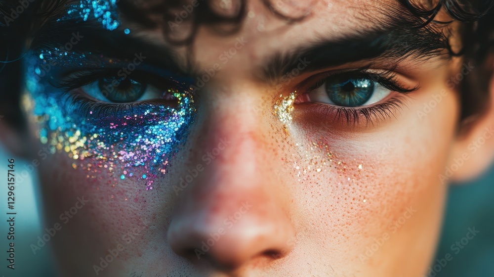 Fototapeta premium A young man, with eyes wide and a playful smirk, meticulously applied shimmering eyeshadow, a splash of vibrant lipstick, and a cascade of dramatic lashes, transforming his face into a canvas of