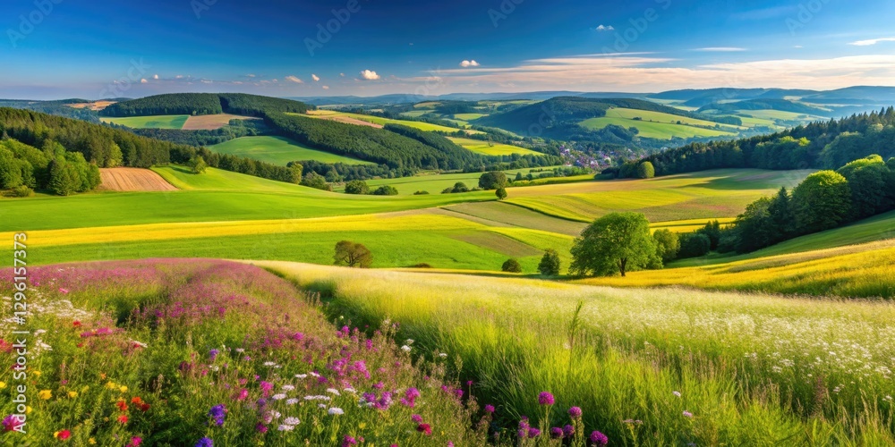 Fototapeta premium Eifel's panoramic beauty: rolling hills and green meadows create a breathtaking rural landscape.