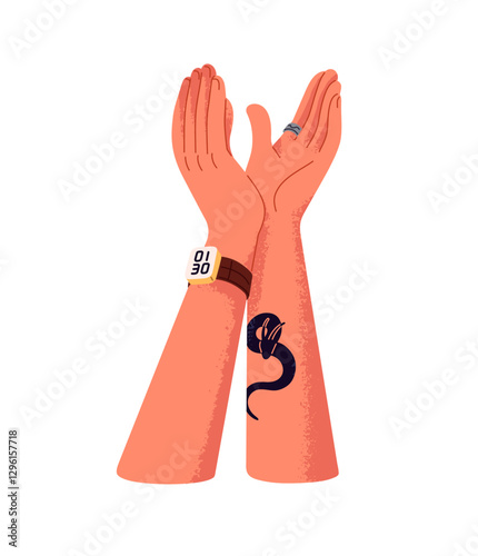 Human hands up with wristwatch and tattoo applauding, clapping palms, cheers. Person greeting, celebrate success, congratulate with applause. Flat isolated vector illustration on white background