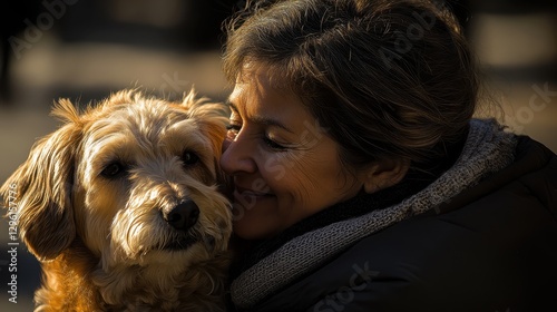 In a vibrant Madrid park, bathed in the golden light of a sunny day, a beautiful woman bursts into laughter as her beloved pet, a scruffy dog with soulful eyes, licks her face adoringly. The dog