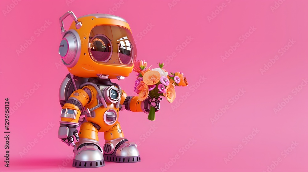 an astronaut robot presenting a bouquet of flowers against a bright pink background. A cute and charming cartoon illustration. an astronaut robot presenting a bouquet of flowers against a bright pink background. A cute and charming cartoon illustration.