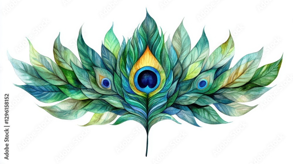 Obraz premium Peacock feather in modern stained glass watercolor, luminous layers, high clarity, perfect symmetry, centered on a clean white background