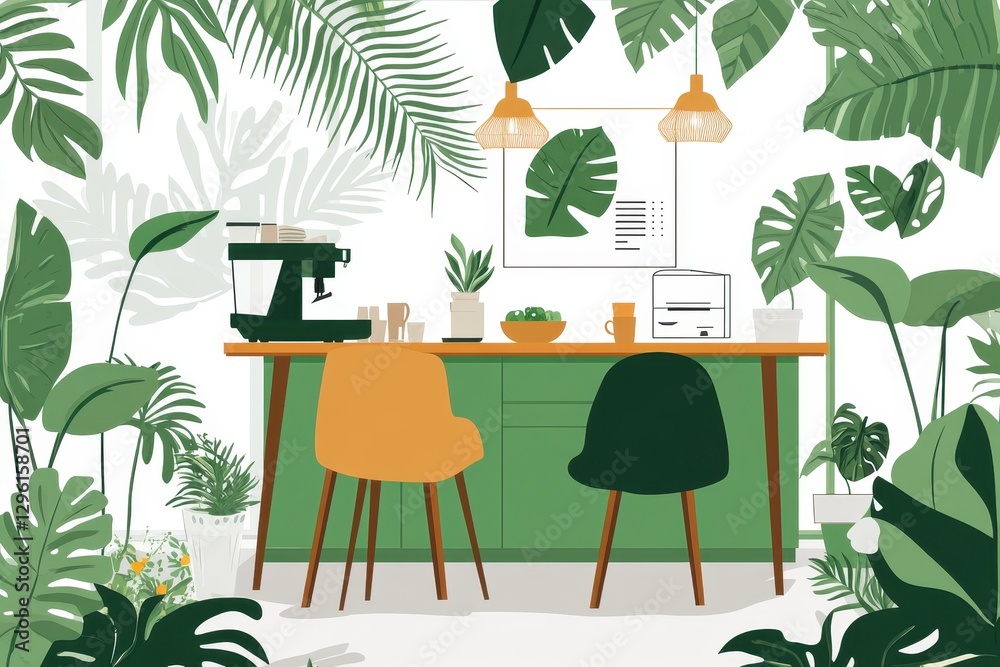 Obraz premium Cozy Home Workspace Surrounded by Lush Greenery and Plants