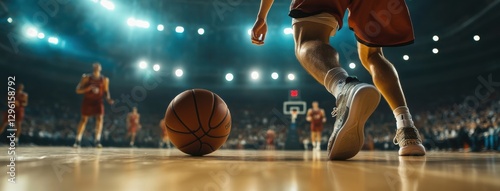 Close-up of a player dribbling a basketball during an exciting game in a packed arena at night