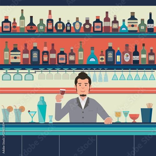 Bartender welcoming guests behind the counter.eps