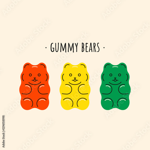 Gummy bears. Sweet teddy bear jelly candies, colorful kids sugar chewing dessert, cute delicious gelatin snacks bear toy shape fruit flavors. Vector cartoon set