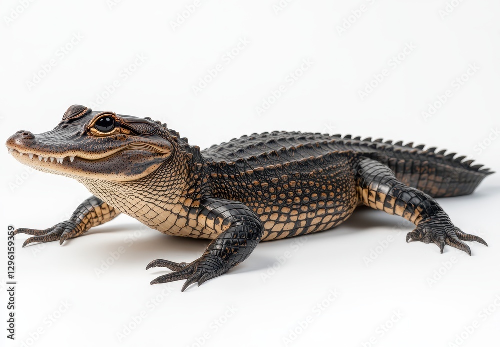Realistic close-up of a small alligator resting on a white background showcasing intricate textures and details of its skin and eyes. Realistic close-up of a small alligator resting on a white background showcasing intricate textures and details of its skin and eyes.