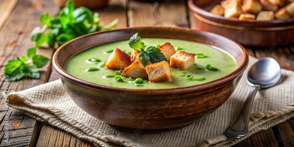 Enjoy this vibrant, creamy vegan green soup topped with delightful homemade croutons. Enjoy this vibrant, creamy vegan green soup topped with delightful homemade croutons.