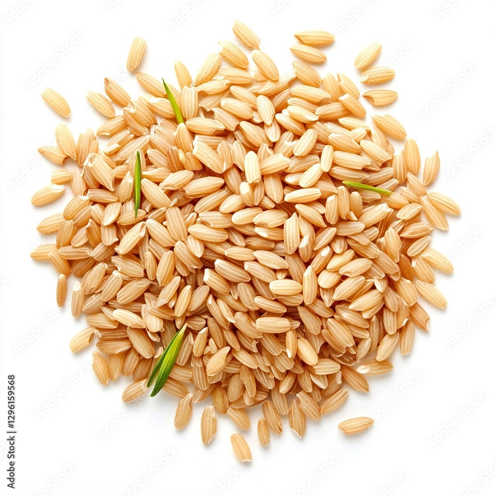 Obraz premium Brown rice, uncooked and hulled, isolated on white, top view isolated on white background 