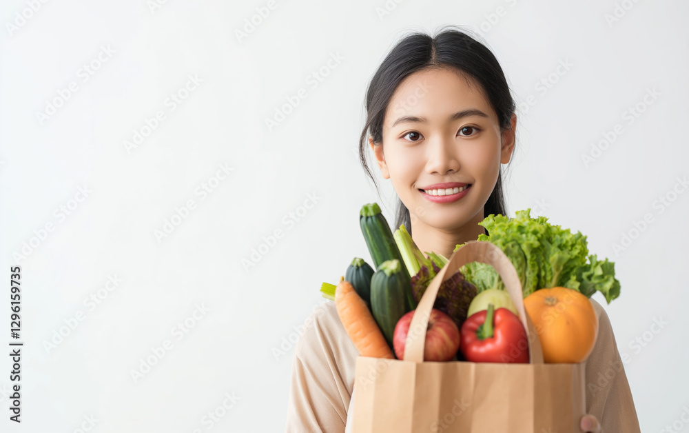 A cheerful young woman holding a brown paper bag filled with fresh vegetables, including lettuce, apples, peppers, and carrots, promoting healthy eating. A cheerful young woman holding a brown paper bag filled with fresh vegetables, including lettuce, apples, peppers, and carrots, promoting healthy eating.