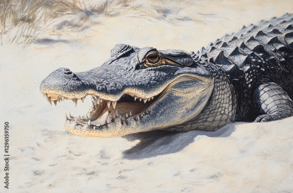 Obraz premium Realistic Close-Up of Alligator Sunbathing on Sandy Beach with Exposed Teeth and Textured Skin in Natural Habitat Environment