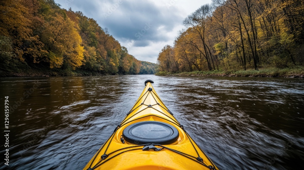 Fototapeta premium A yellow kayak is in the middle of a river. The water is calm and the sky is cloudy