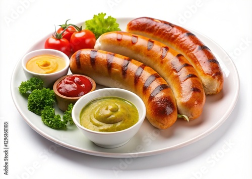 Food Bratwurst Condiment in Plate on a White Background