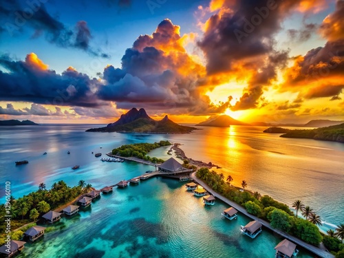 Bora Bora Sunrise: Drone View of Overwater Bungalows & Dramatic Sky