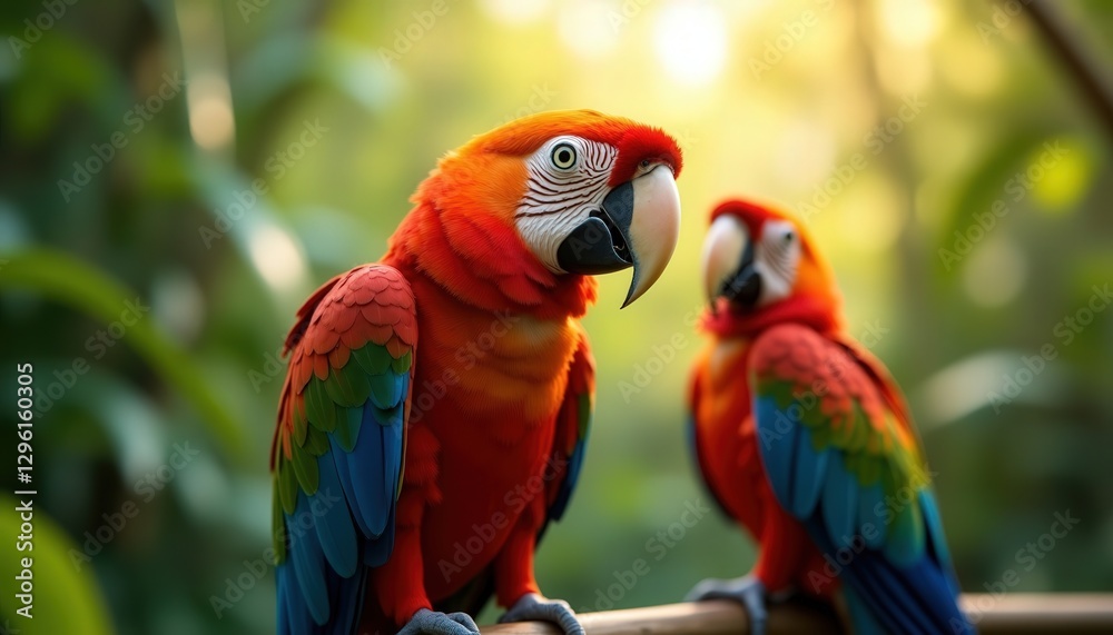Obraz premium Colorful macaw perched on a branch among tropical foliage in a vibrant garden setting
