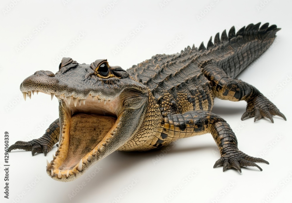 Naklejka premium Realistic Close-Up of an Open-Mouthed Alligator with Sharp Teeth and Detailed Textures Against a Clean White Background