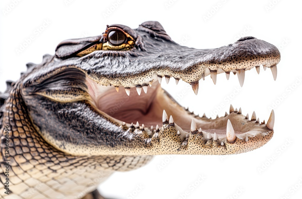 Fototapeta premium Realistic close-up of an open-mouthed crocodile showcasing sharp teeth and textured skin on a white background for educational or wildlife projects