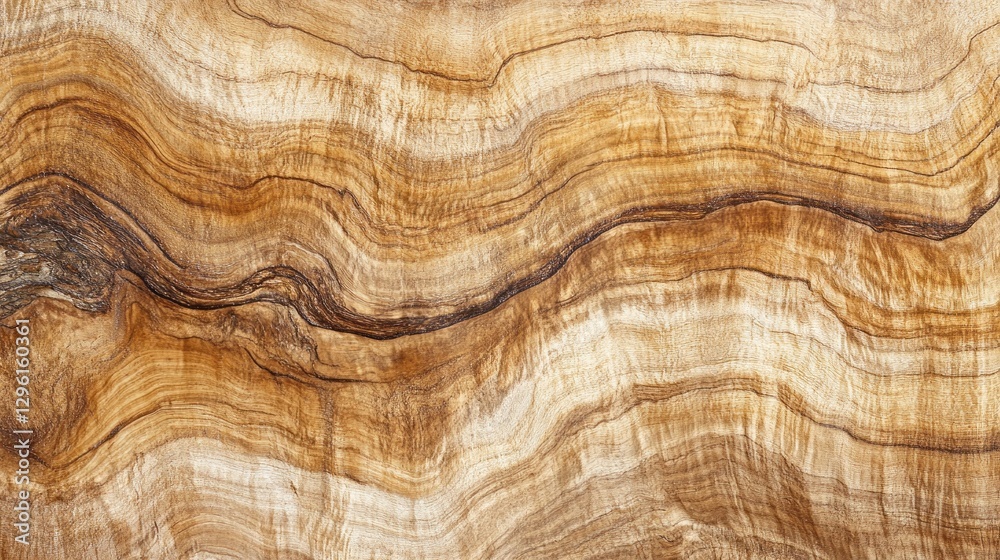 Naklejka premium Intricate swirls of warm browns and creams create a mesmerizing display on the wood's surface, highlighting nature's craftsmanship. Light dances on the textured backdrop, evoking tranquility