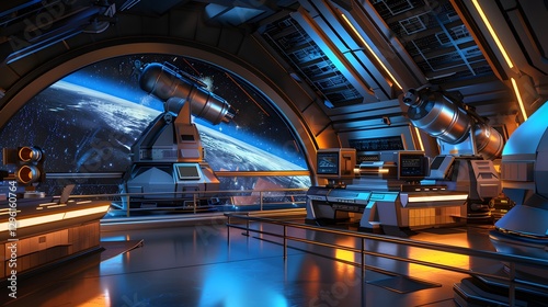 Fototapeta Naklejka Na Ścianę i Meble -  a futuristic space station interior with a view of the planet Earth and advanced equipment 