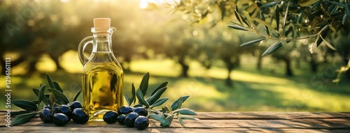 Bottled olive oil sits next to fresh olives under the warm sunlight in an olive grove during late afternoon