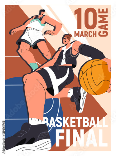 Basketball competition event poster design. Promotion template of sport game, match. Rival players struggle, sportsmen in uniform play on basket ball tournament, championship. Flat vector illustration