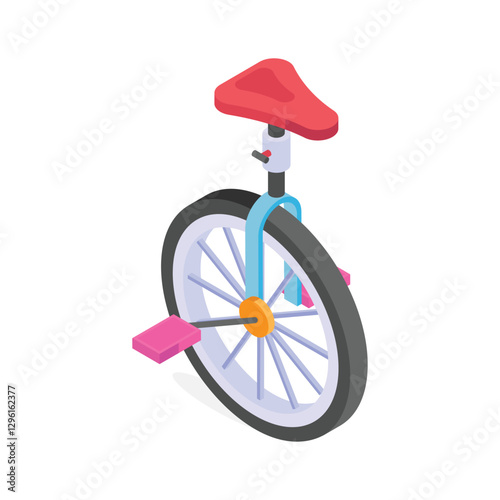 A vibrant, cartoonish isometric illustration of a unicycle.