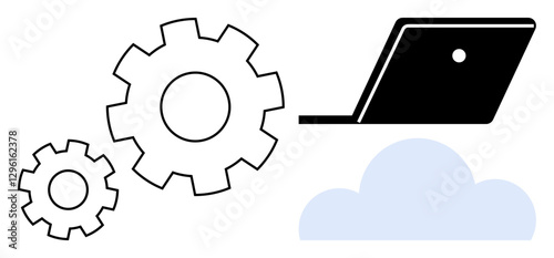 Two gears indicate process and machinery nearby a laptop above a light blue cloud. Themes include technology, cloud computing, system integration, business operations, IT infrastructure